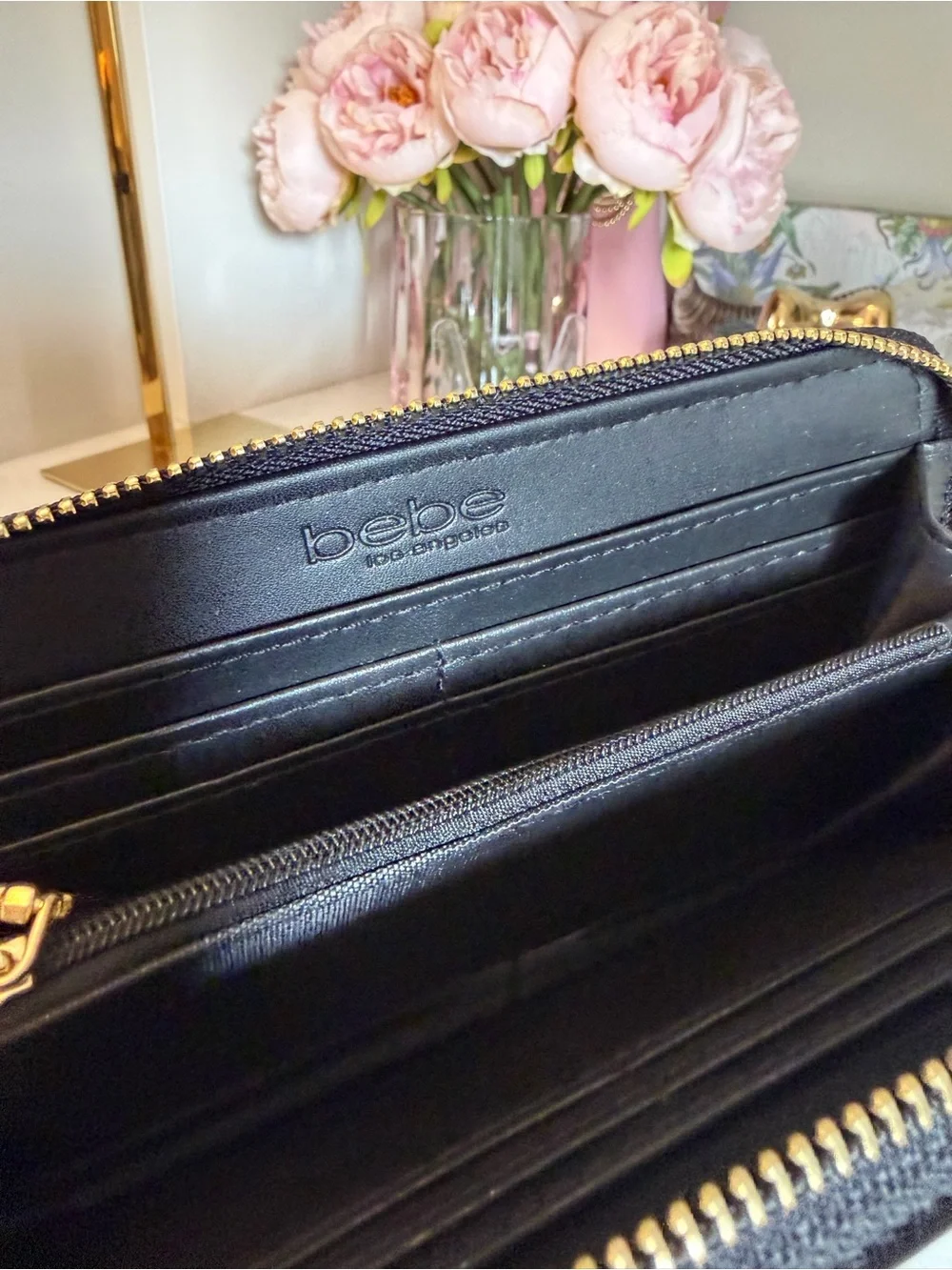 Bebe Black Patent Zip-Around Wallet with Gold Logo Plate NEW Gorgeous